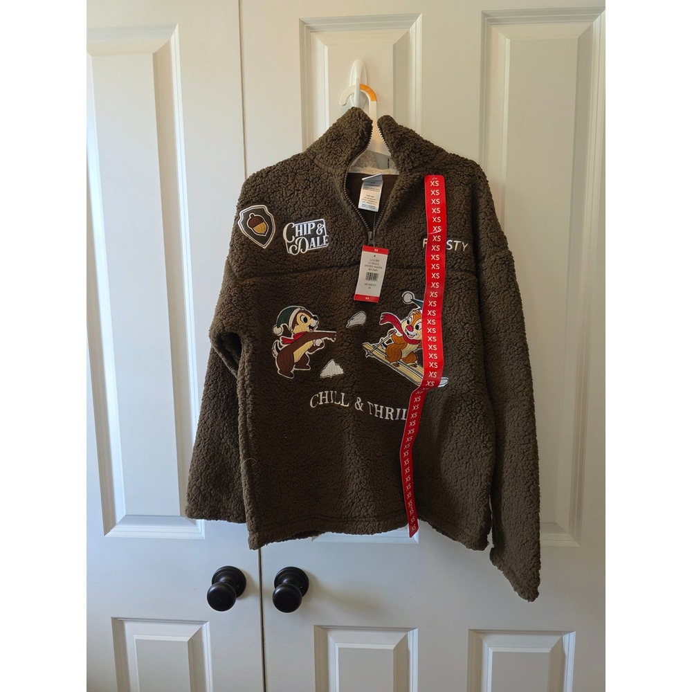 Disney Chip n Dale Sherpa Fleece Quarter Zip Pullover Brown XS